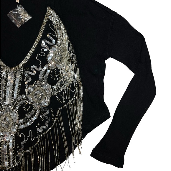 ⚡️SOLD⚡️Free People Mesh Sequin Beaded Fringe Black Long Sleeve Top - Picture 5 of 15